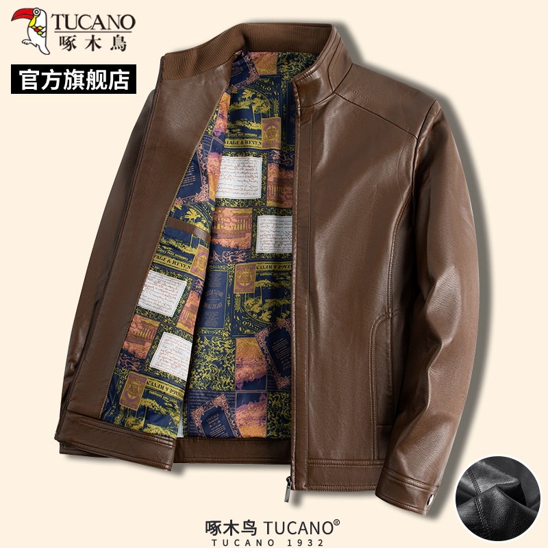 啄木鸟男士新款防风皮夹克中老年爸爸装休闲上衣服冬季保暖外闲防高清大图