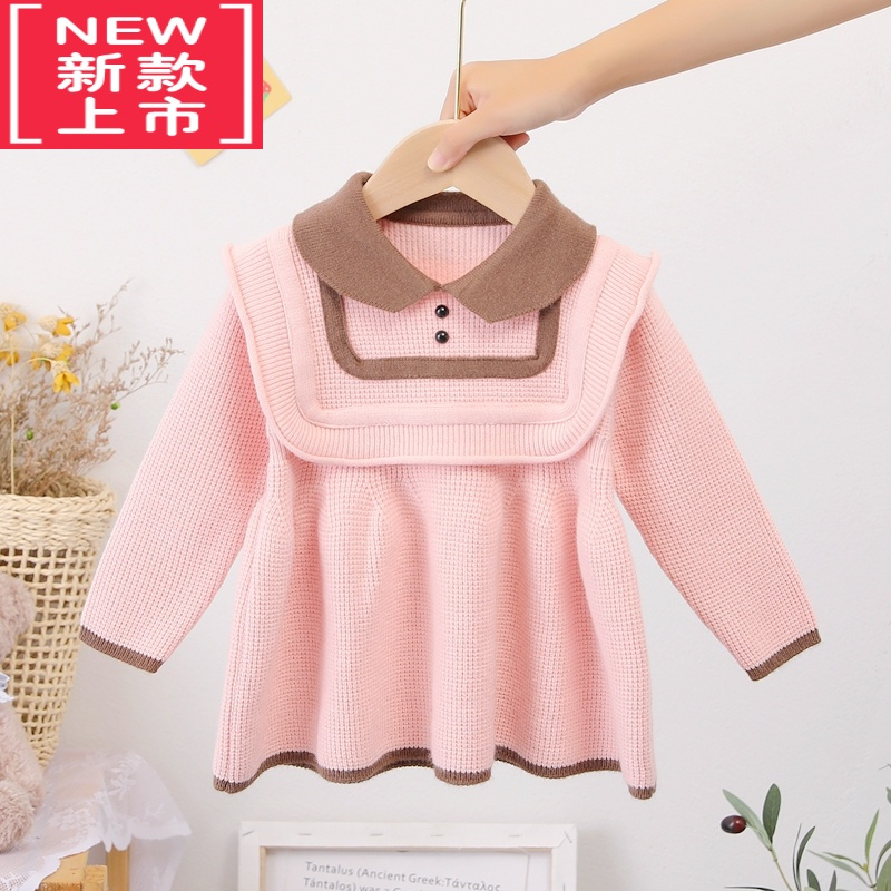 可莉允女童毛衣裙2022秋新款洋气宝宝翻领多色公主裙小香风针织套头裙衫