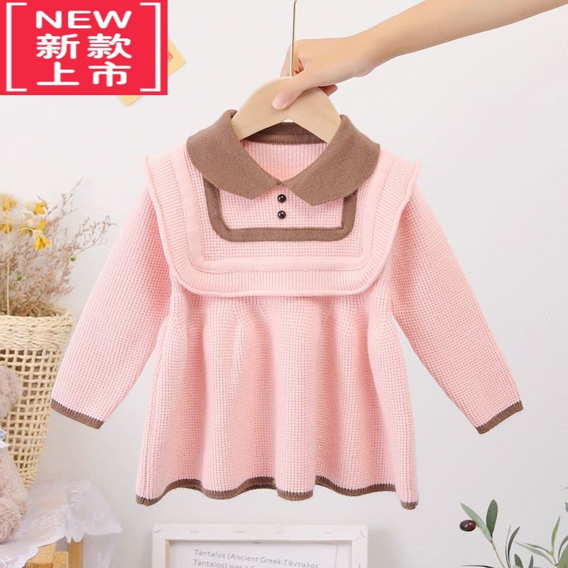 可莉允女童毛衣裙2022秋新款洋气宝宝翻领多色公主裙小香风针织套头裙衫图片