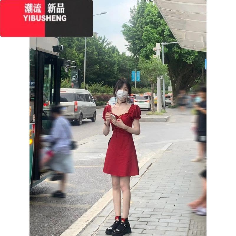 YIBUSHENG方领泡泡袖连衣裙女季桔梗法式小众设计感收腰显瘦红色a字短裙图片
