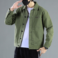 蓝缕金(LANLVJIN)男士夹克春季2021新品翻领修身水洗棉涤牛仔夹克衫青年开衫单排扣短款外套韩版休闲牛仔衣男装
