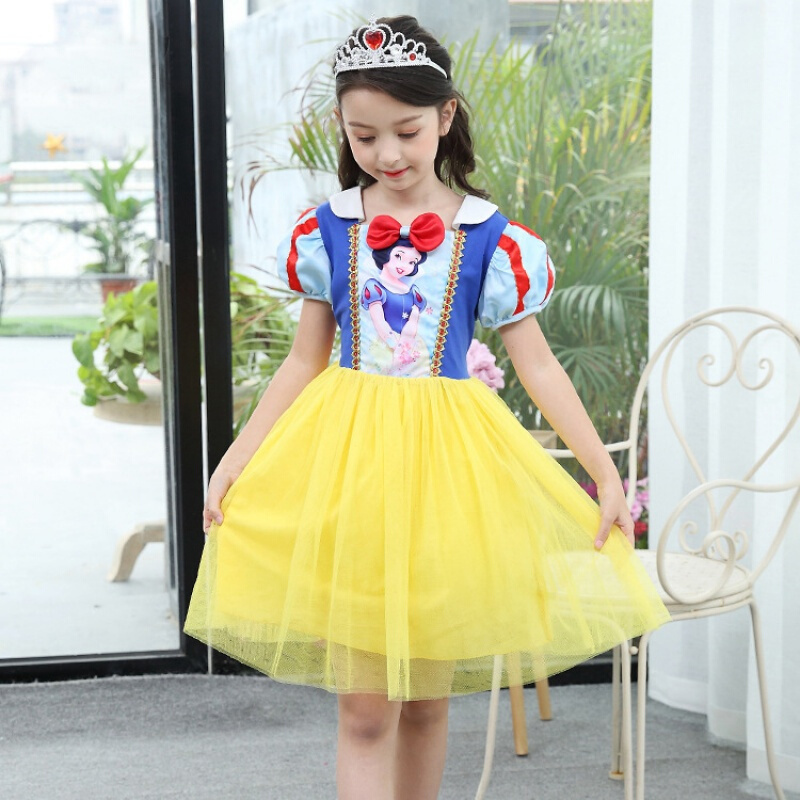 白雪公主裙夏季新款卡通中小女童装儿童网纱裙洋气连衣裙蓬蓬裙黄色