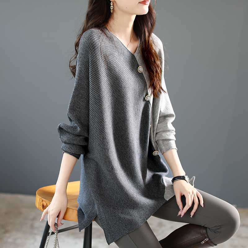 胜语2023秋装蝙蝠袖撞色拼接针织衫女新款套头毛衣春秋季长袖宽松上衣