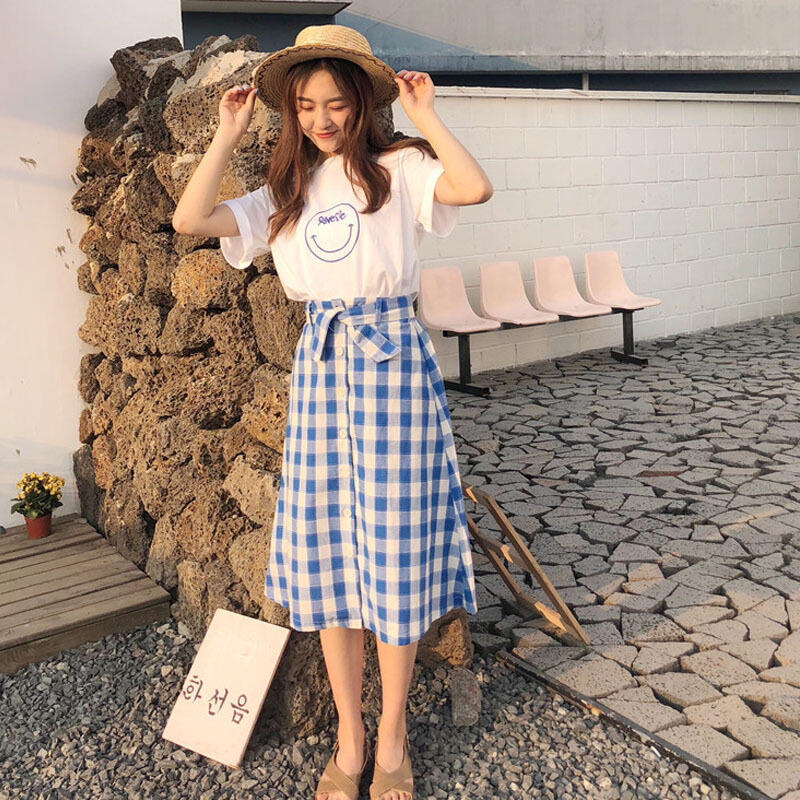韩版时尚休闲套装夏装女装宽松短袖T恤上衣+高腰格子半身裙两件套蓝格子均码