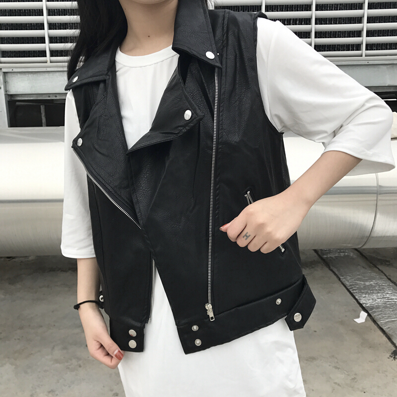 皮马甲女春2018新款时尚皮衣潮韩版宽松无袖pu皮机车外套春拉链黑色