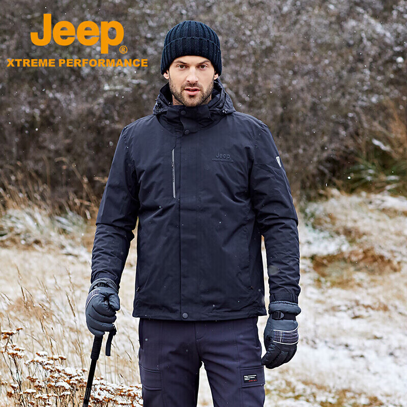 Jeep 男士冲锋衣抓绒两件套 户外冲锋衣男三合一情侣款防风防水保暖防寒服登山外套男 品牌黑 XL