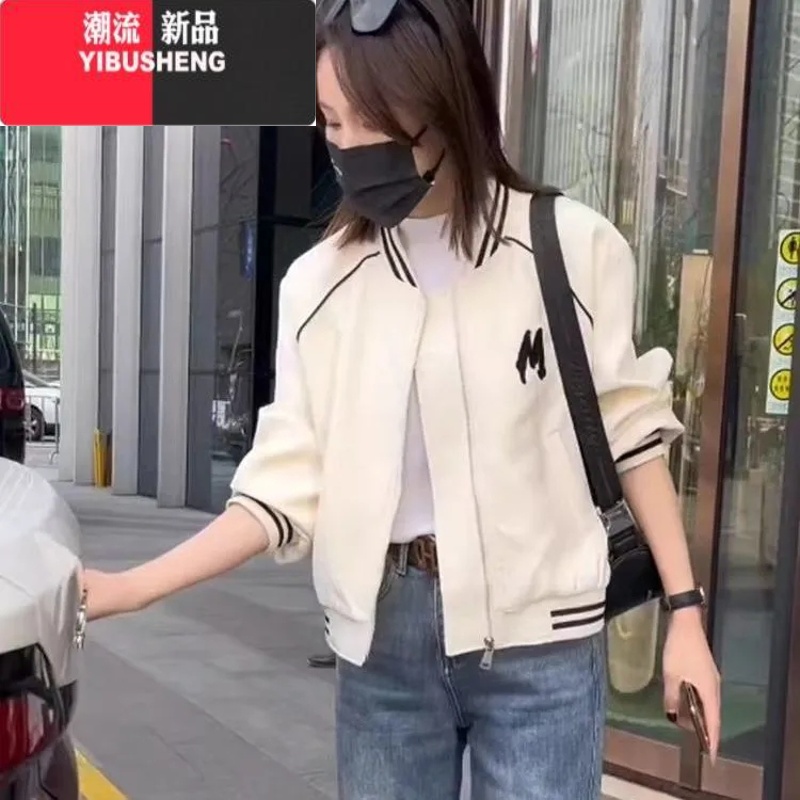 YIBUSHENG短款棒球服女士短外套新款2023春休闲百搭夹克B春U休 3XL建议145斤-160斤 米白色