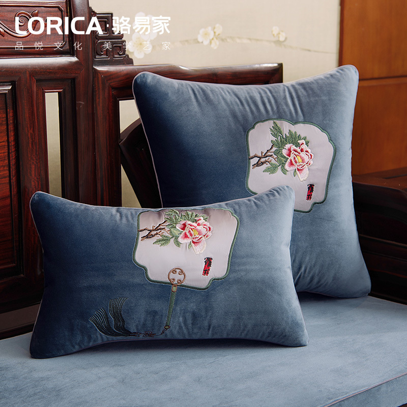 家柏饰(CORATED)现代新中式抱枕沙发刺绣靠背含芯腰枕床头靠垫定制 牡丹赋 牡丹赋-云霄蓝 45cm*45cm（枕套+枕芯）