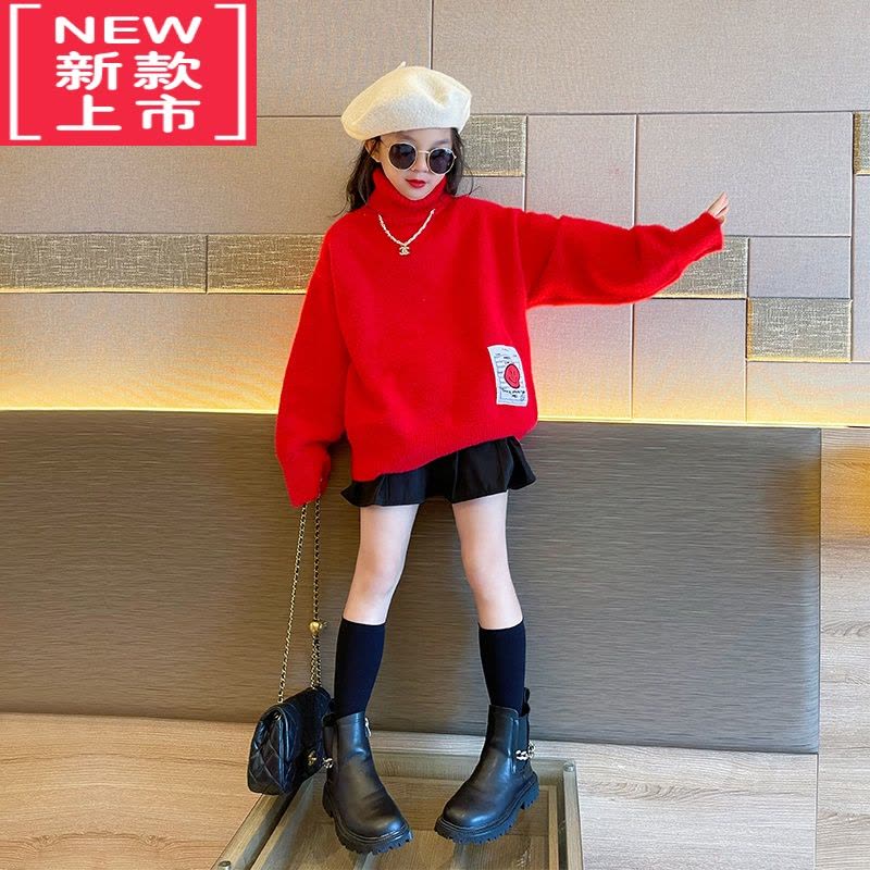 可莉允女童毛衣秋冬季2022新款时髦洋气儿童高领中长款秋装针织衫图片