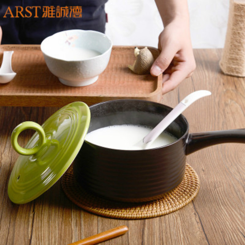 Arst雅诚德陶瓷奶锅小砂锅容量1L 家用迷你辅食热奶煮粥煮面锅直径16cm明火耐高温翡翠绿色