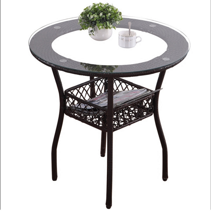 阳台小茶几闪电客简约现代喝茶桌椅组合藤编织户外圆形休闲钢化玻璃