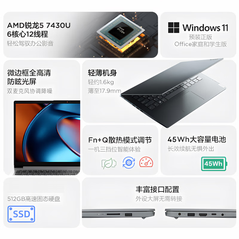 联想(Lenovo)扬天V14 14英寸轻薄笔记本电脑(R5-7430U 8G 512G 固态硬盘 Win11防蓝光高清屏 丰富接口)商用家用办公学习高清大图