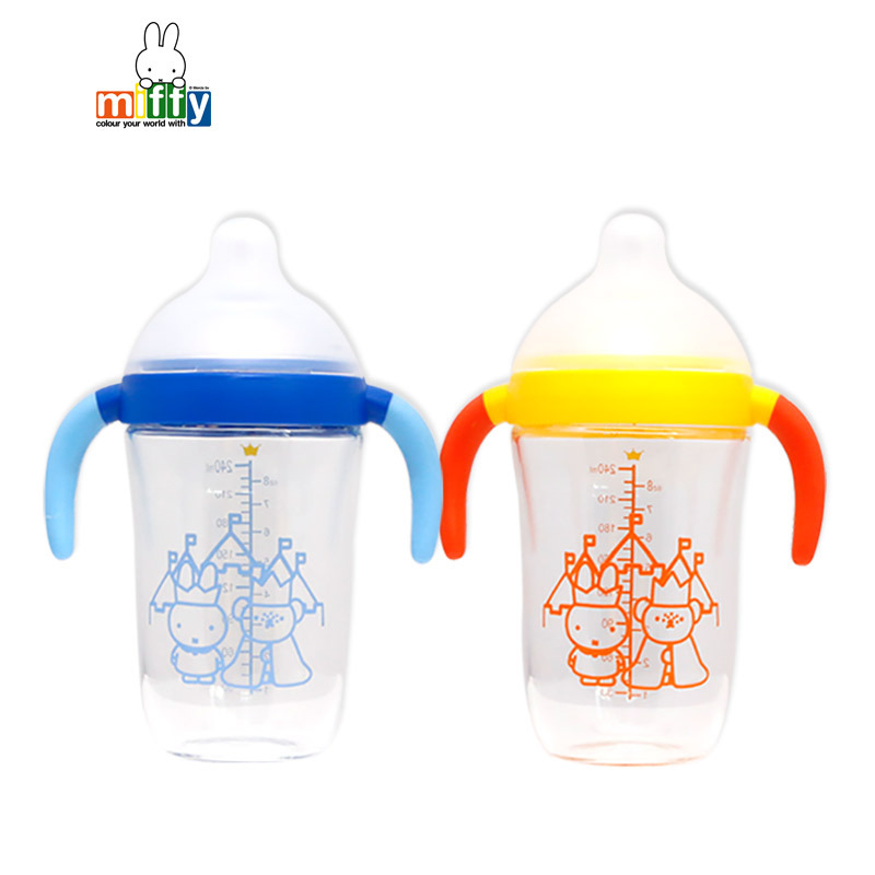 米菲(Miffy)广口径玻璃奶瓶240ml(橙色)带手柄耐高温