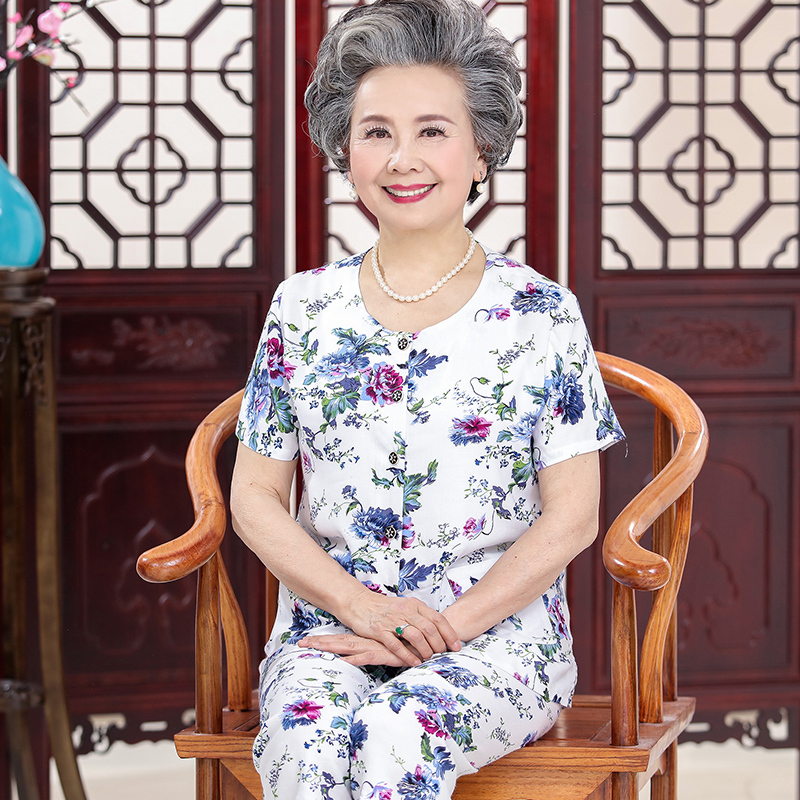 中老年人棉绸睡女夏季妈妈奶奶长袖薄款绵绸套装人造棉家居服