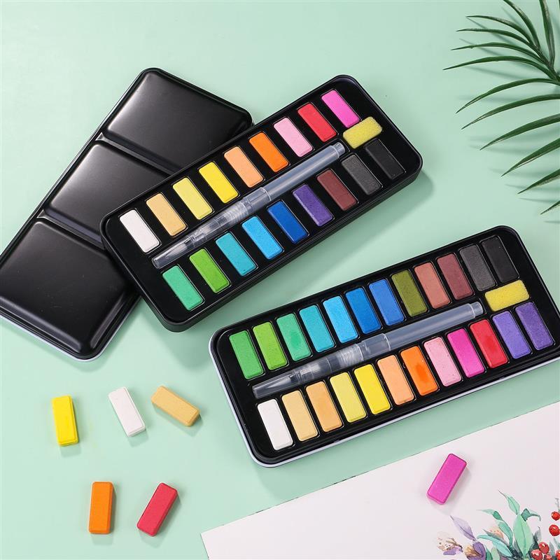 固体水彩颜料套装24色铁盒分装水粉颜料初学者学生美术用品
