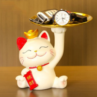 招财猫摆件钥匙收纳乔迁之喜搬家礼物开业礼品玄关桌面入户实用 招财猫摆件[托盘可置物]