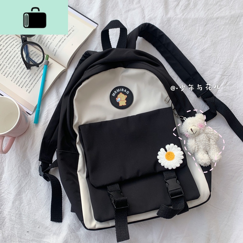 日系原宿小清新韩版ins可爱少女chic双肩包中学生背包森系 书包女NEW LAKE 黑色+害羞熊