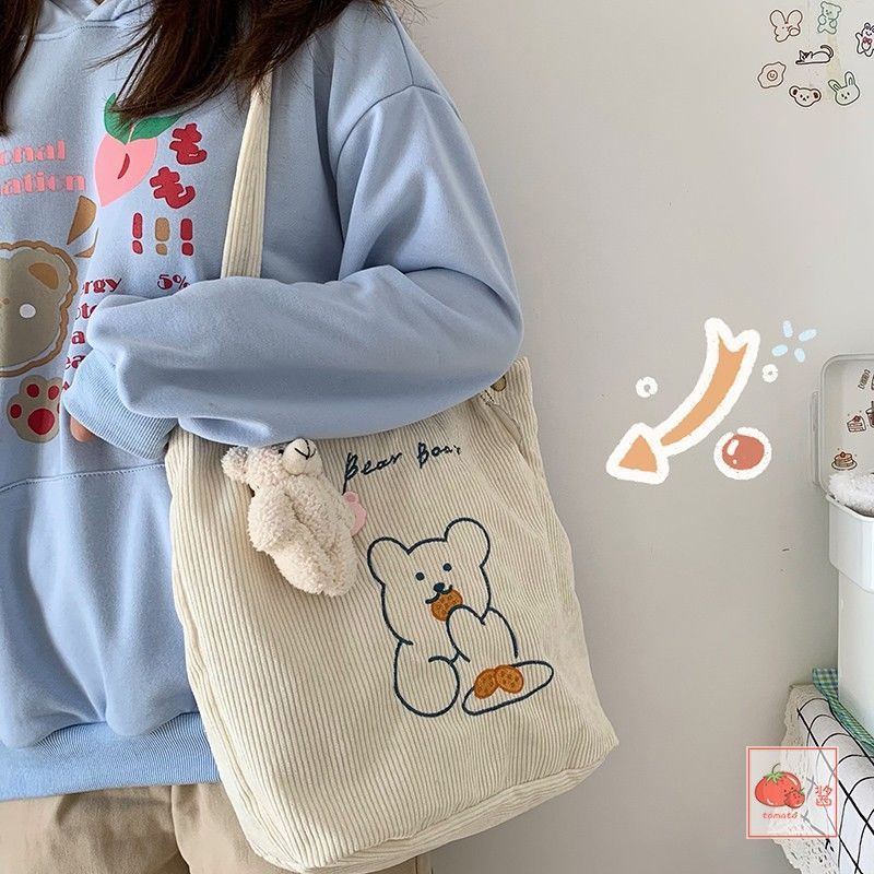 单肩女包包ins秋冬复古单肩包韩版百搭学院风学生灯芯绒购物袋女 加厚条绒米白色[收藏优先发货] 单包无徽章无挂件