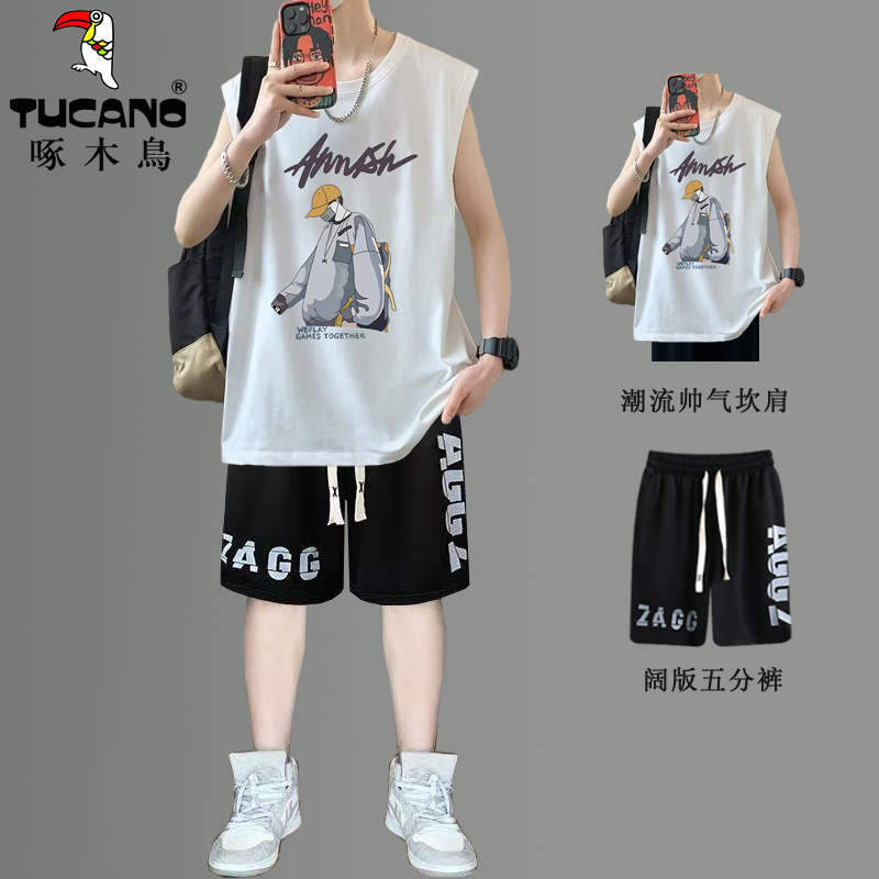 啄木鸟新款夏季纯棉背心坎肩男孩无袖T恤青少年学生潮流帅气套夏高清大图