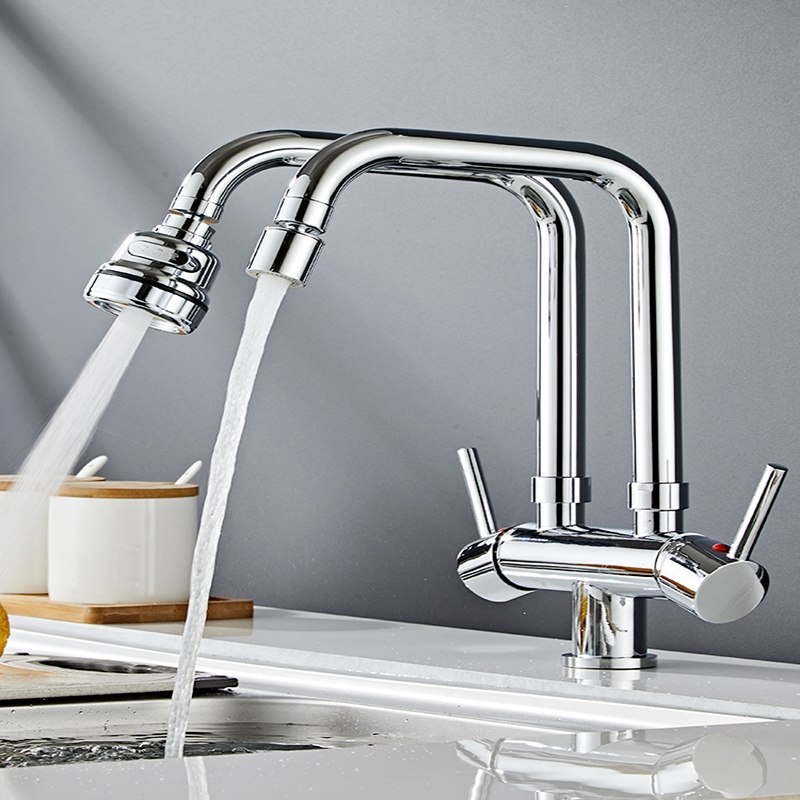 古达厨房冷热水龙头双管双出水槽洗菜盆洗碗池双头控旋转铜增压两用my