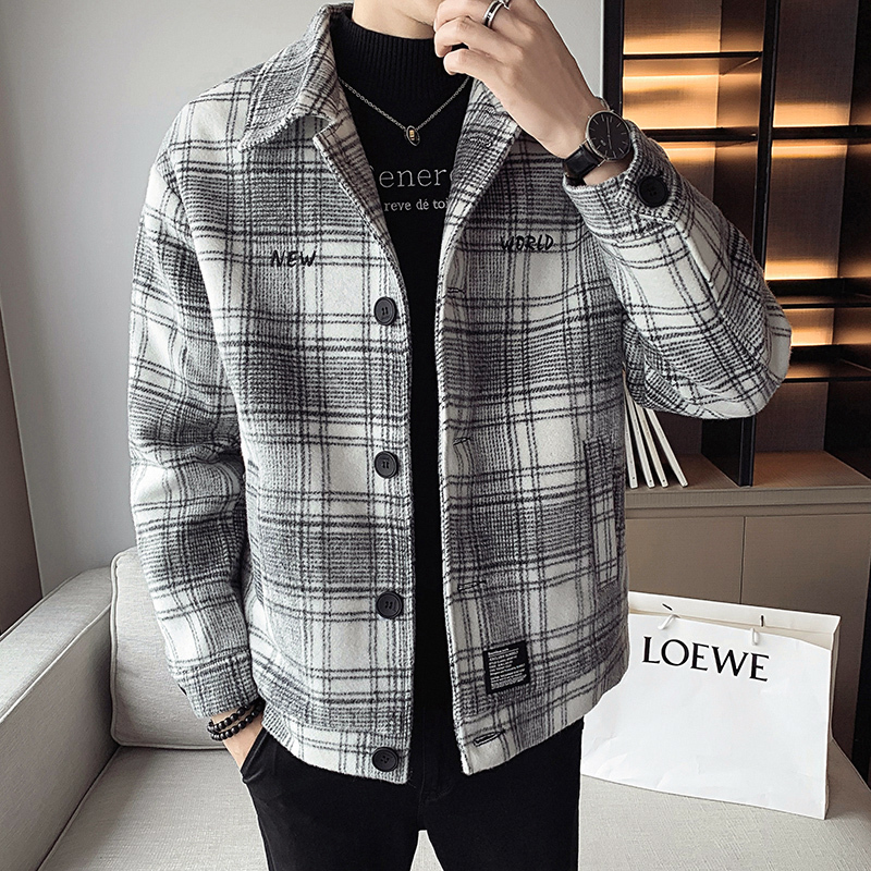 秋冬新款休闲男士格子上衣休闲风衣春秋短款衣服潮流百搭外套男装风衣