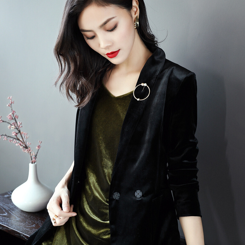 丝绒风衣中长款女天鹅绒欧美女神范金丝绒大衣中长款