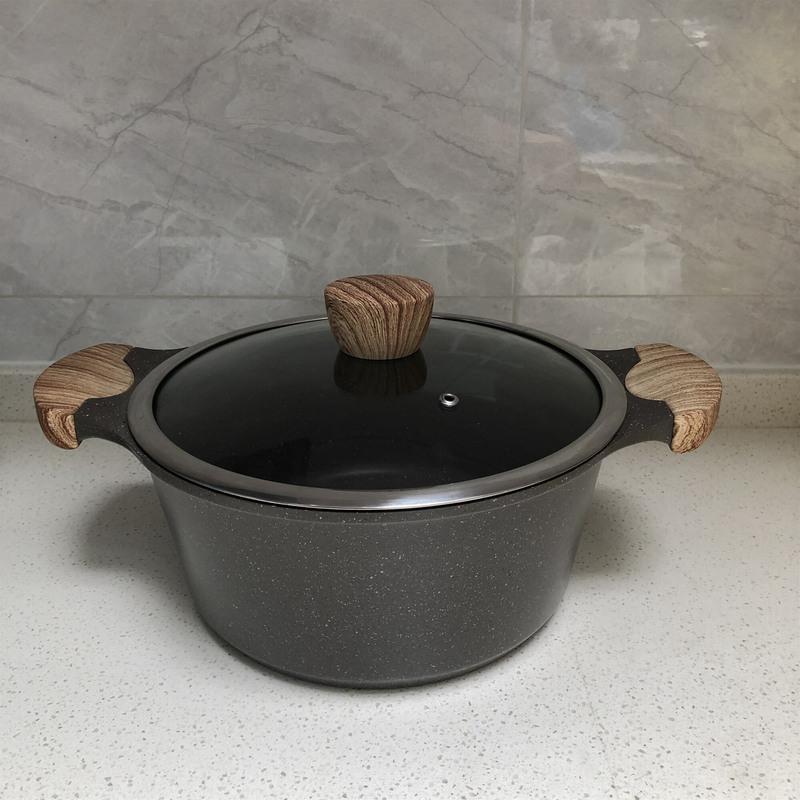 木纹柄双耳汤锅20cm带盖子日式汤锅麦饭石纹加厚不粘锅电磁炉燃气灶