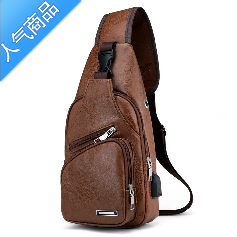 fenghou2019韩版usb充电男士胸包pu皮斜跨包多功能时尚潮休闲运动单肩