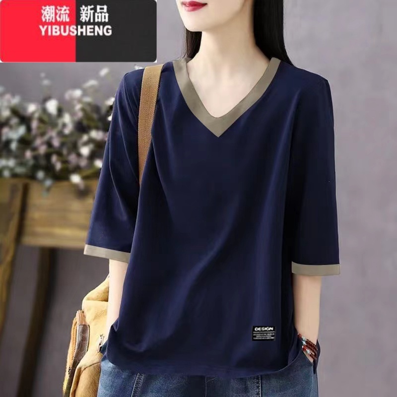 YIBUSHENG时尚拼色V领短袖T恤女季大码胖mm宽松遮肚显瘦百搭中袖上衣高清大图