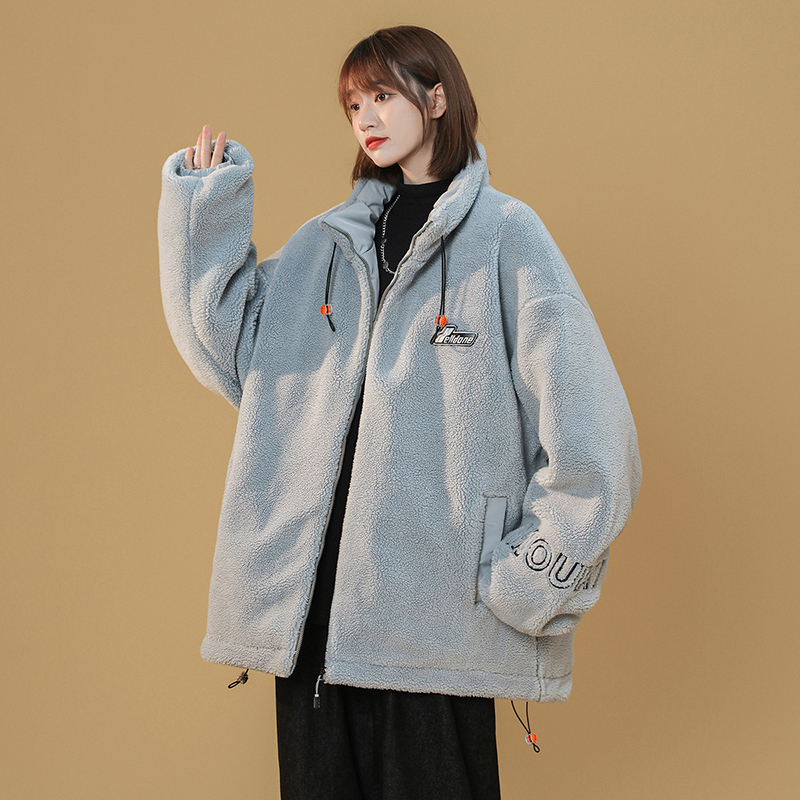 DEBRAND棉衣女2021冬季新款韩版简约ins潮刺绣加厚防寒羊羔绒外套