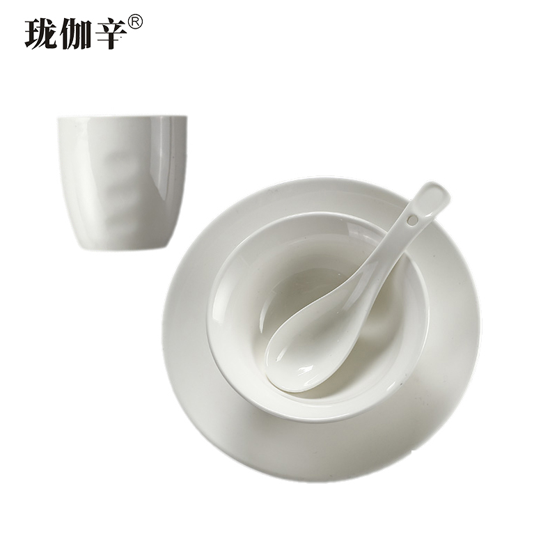 珑伽辛 白色陶瓷餐具饭碗茶杯骨碟小汤勺 四件套/套高清大图