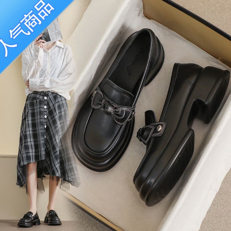 SUNTEK小皮鞋女高跟2023新款春秋英伦风黑色33工作厚底34小码乐福鞋图片