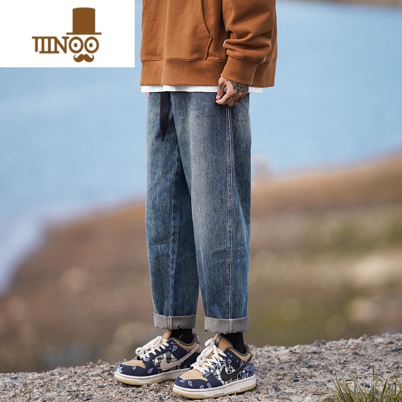 YANXU蓝色牛仔裤男款夏季2023新款美式复古裤子高街潮牌卷边直筒九分裤高清大图