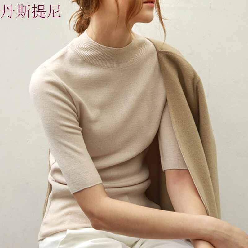 2018秋装半高领中袖针织衫女套头五分袖修身紧身打底衫薄上衣