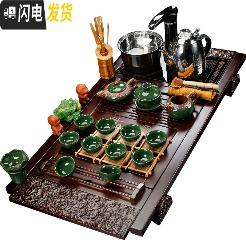 三维工匠全自动上水壶电热烧水壶家用茶台功夫抽水式一体泡茶具电磁炉茶具 22天道酬勤浮雕冰裂-全黑