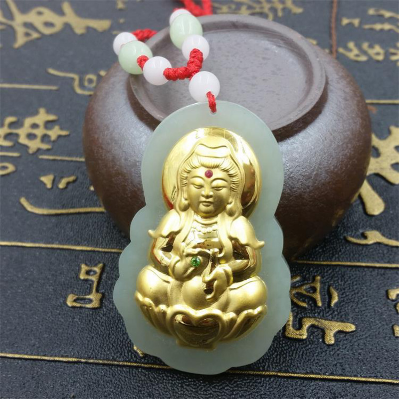 金镶玉3D硬金和田玉大号观音坠送礼4D镶嵌项链PTJWX5786送女朋友七夕情人节礼物