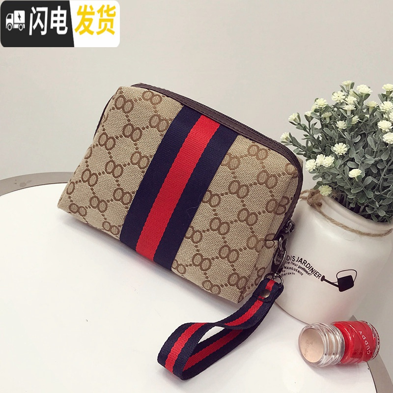 三维工匠化妆包袋小号便携迷你韩国大号容量洗漱包随身手拿包清新时尚简约 手拎式棕色中号