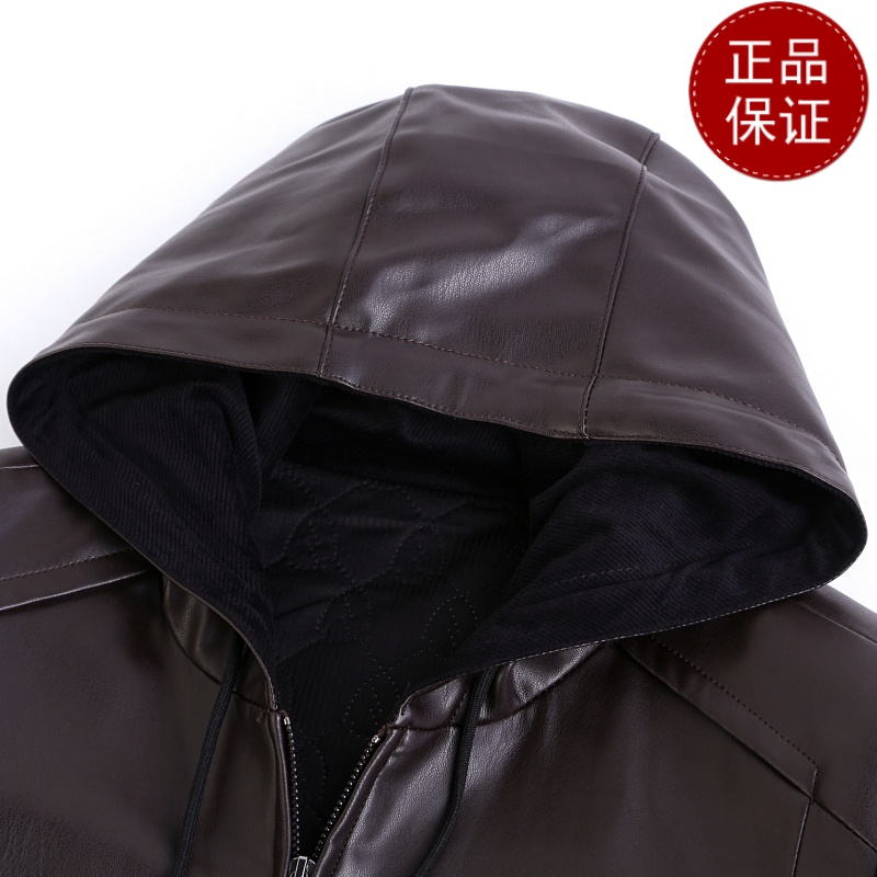 免费试穿 防水外套男上衣春秋加厚夹克皮衣皮夹克连帽子潮牌休闲男装防风衣2024冬装新款外套潮海宁软皮夹克大码男装高清大图