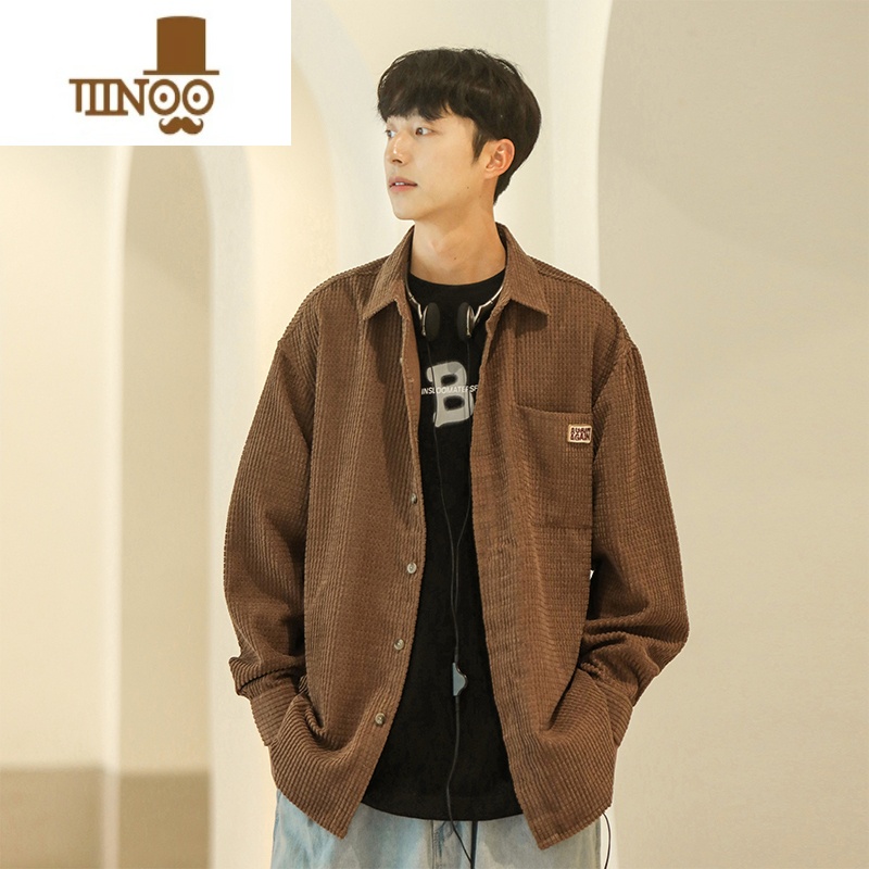 YANXU美式复古华夫格灯芯绒衬衫男长袖新款外套痞帅日系上衣服潮高清大图