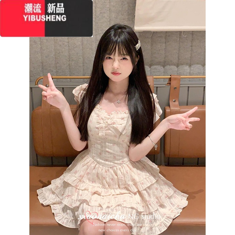 YIBUSHENG法式甜美小飞袖碎花连衣裙女季小个子蝴蝶结收腰在逃公主蓬蓬裙