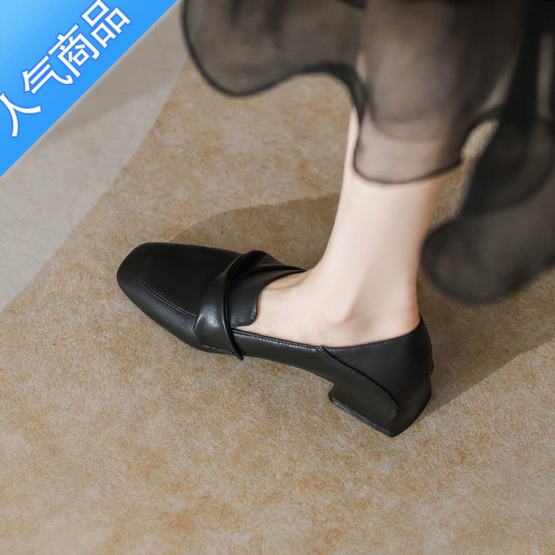 SUNTEK乐福鞋女粗跟新款2023显脚小春秋单鞋方头中跟百搭软皮小皮鞋图片