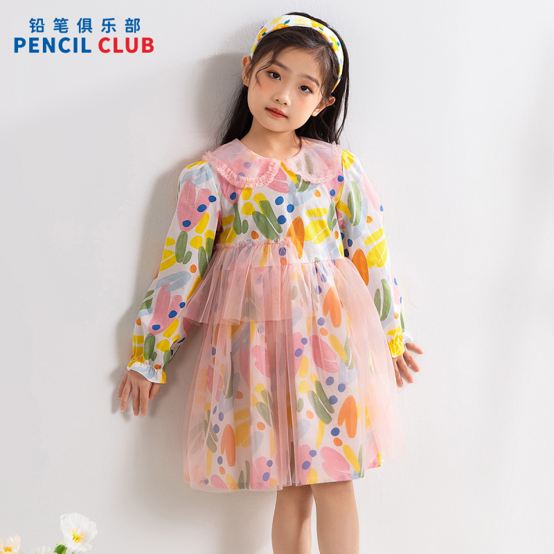 [1件3折]铅笔俱乐部2025年春装新品女童连衣裙儿童印花裙子中大童公主裙