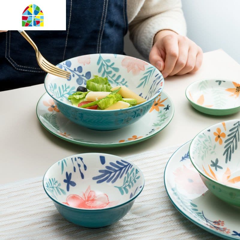陶瓷碗家用单个碗饭碗面碗创意个性碗碟汤碗学生大碗简约碗泡面碗 FENGHOU M10.6英寸绿色大平盘图片