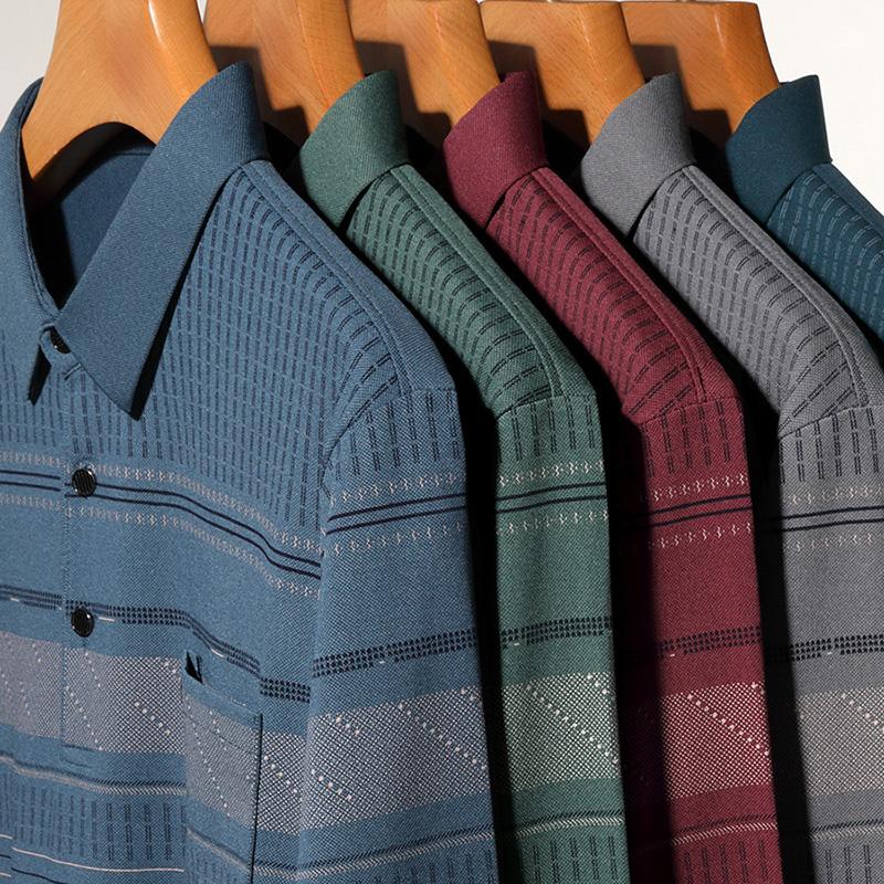 啄木鸟2025春秋季长袖T恤翻领带口袋男士中老年爸爸装上衣polo衫高清大图