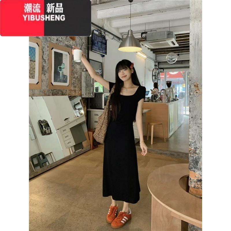 YIBUSHENG季新款女方领短袖连衣裙小个子法式收腰修身包臀裙中长款连衣裙