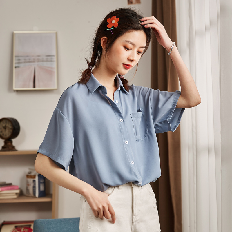 唐狮夏新款白色雪纺短袖衬衫女韩版设计感小众衬衣小仙女上衣
