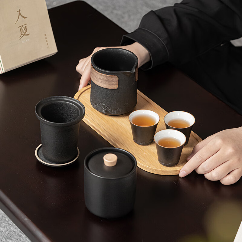 苏氏陶瓷(SUSHI CERAMICS) 山水旅行茶具便捷功夫茶具套装 海浪-旅行干泡装(黑)