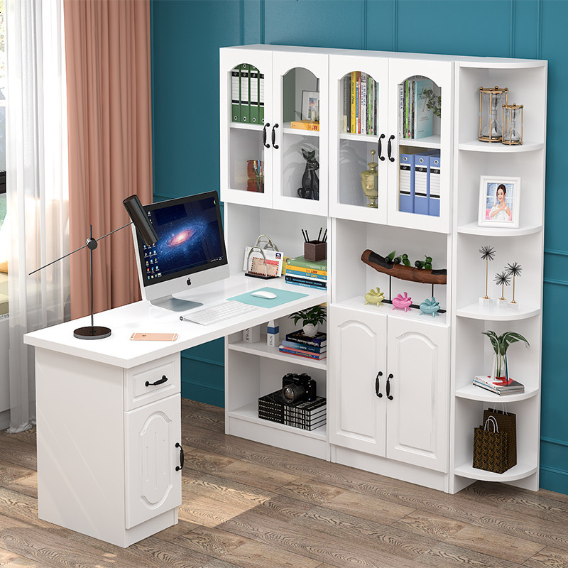 实木书桌书架组合家用书柜台式转角电脑桌书桌一体学生写字台白色