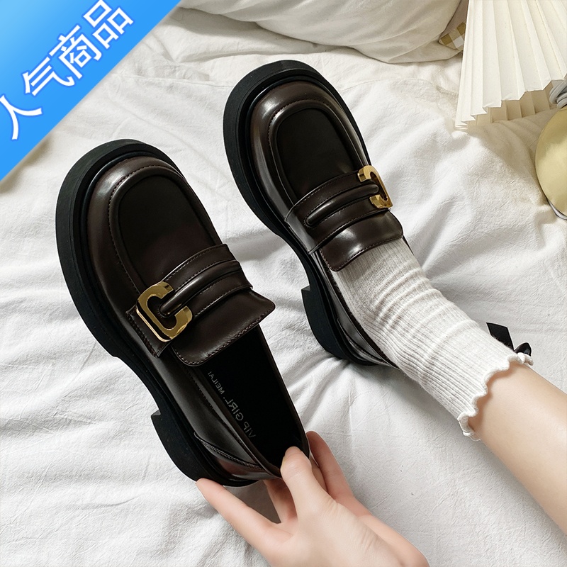 SUNTEK小皮鞋女鞋子春秋季加绒乐福鞋2023新款黑色学院英伦风一脚蹬单鞋高清大图