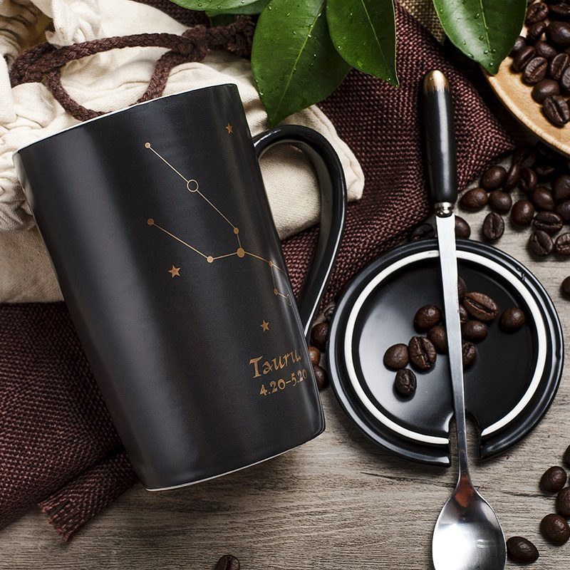 创意十二星座杯子陶瓷马克杯简约办公室情侣水杯牛奶咖啡杯带盖勺